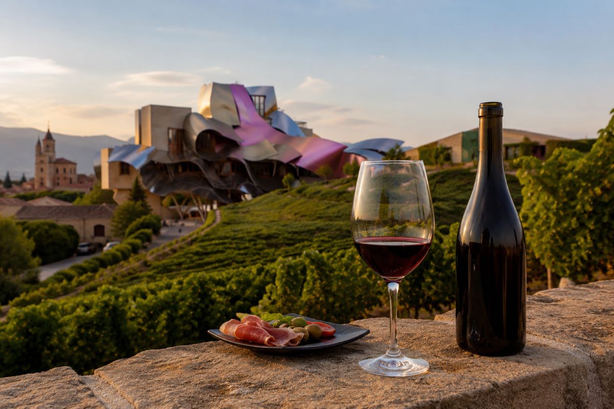 Weine vom Weingut Marques de Riscal genießen - Roija Weine und Weinreisen ( Symbolbild, KI )