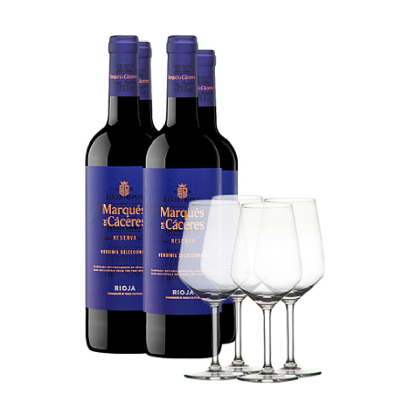 4 Flaschende Marqués de Cáceres Reserva 2020 + 4 Gläsern Weinflaschen mit Gläsern 2020