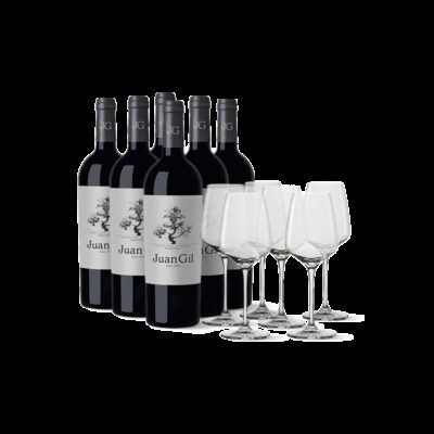 6 Flaschende Juan Gil Silver Label 12 meses + 6 Gläsern Weinflaschen mit Gläsern