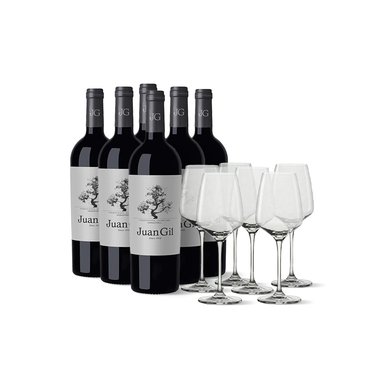 6 Flaschende Juan Gil Silver Label 12 meses + 6 Gläsern Weinflaschen mit Gläsern