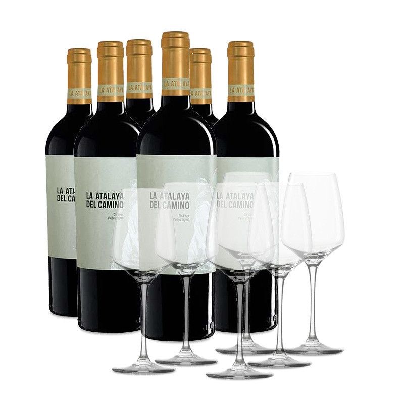 6 Flaschende La Atalaya del Camino + 6 Gläsern Weinflaschen mit Gläsern