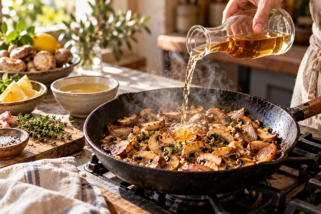 Goldfarbene Flüssigkeit wird aus einer Glaskaraffe in eine heiße Pfanne mit gebratenen Champignons, Schalotten und Thymian gegossen.