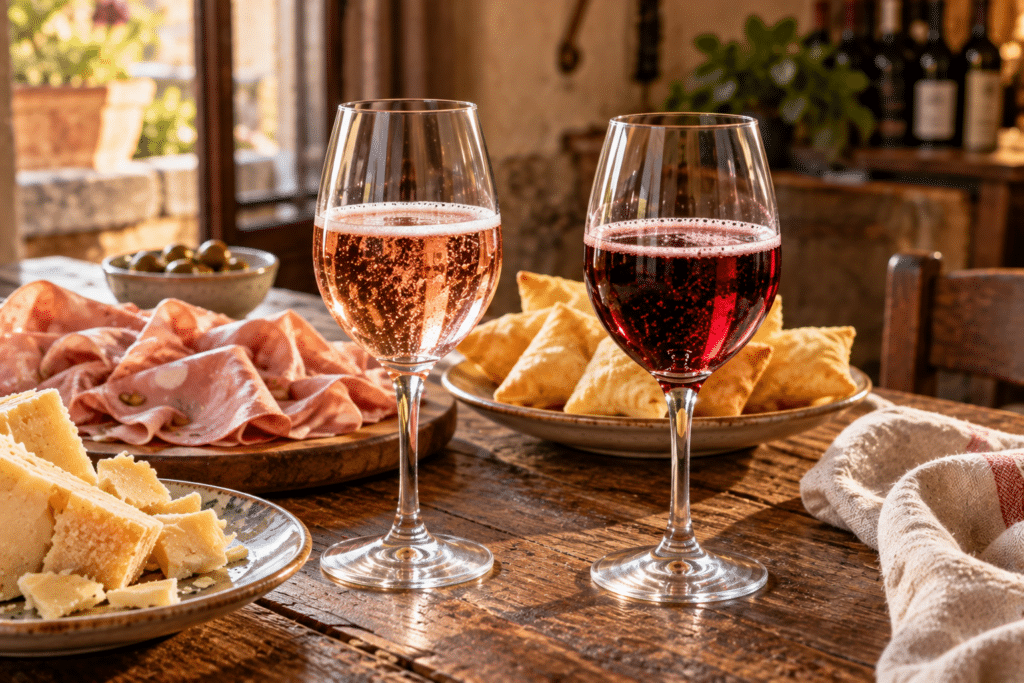 Zwei Gläser perlender Lambrusco in Rosé und Dunkelrot auf einem italienischen Wirtshaustisch mit Mortadella, Parmesan und frittiertem Gebäck.