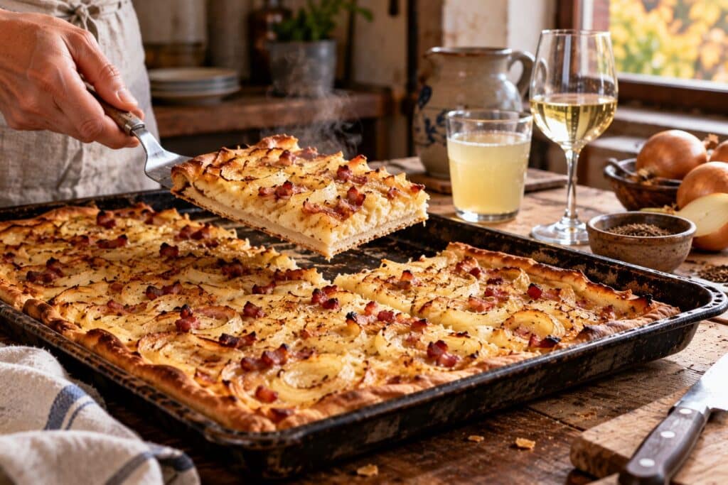 Frisch gebackener Zwiebelkuchen mit Speck wird aus einer Backform gehoben; daneben stehen ein Glas trüber Jungwein und Weißwein.