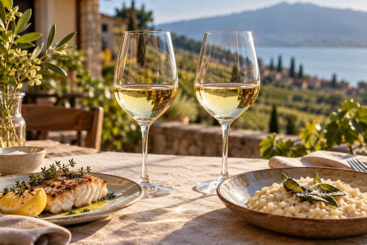 Zwei Gläser italienischer Weißwein auf einem Restauranttisch mit gegrilltem Fisch und cremigem Kräuterrisotto.