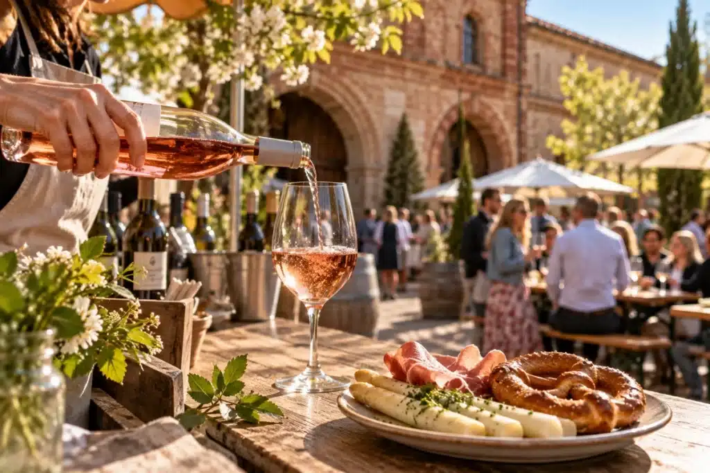 Frühlingshaftes Weinfest mit regionalen Weinen, historischen Sandsteinmauern und Besuchern im Hof eines Winzerkellers. ( KI, Symbolbild)