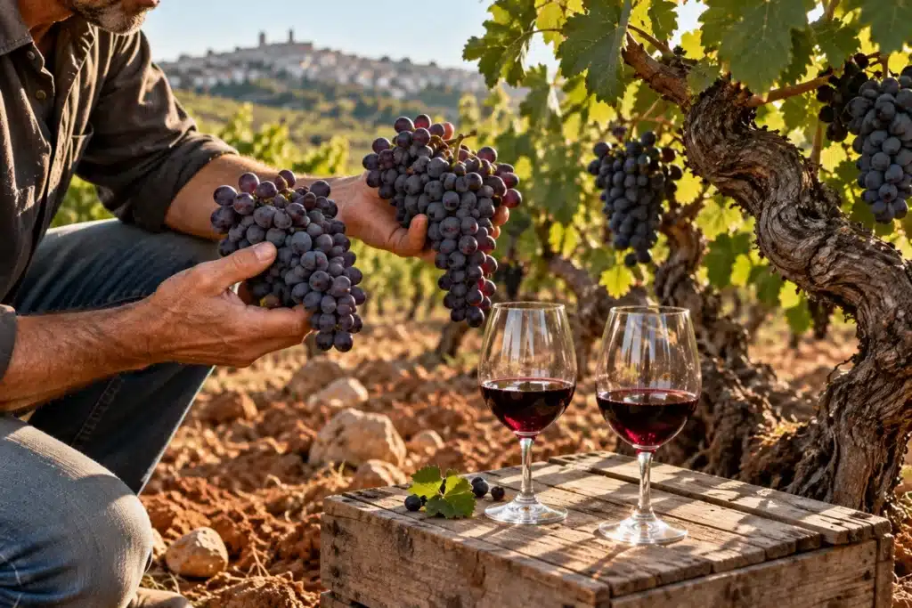 Dunkle reife Weintrauben an einer alten Rebe in Apulien, im Hintergrund zwei Rotweingläser und die mediterrane Weinlandschaft des Salento. ( KI, Symbolbild)