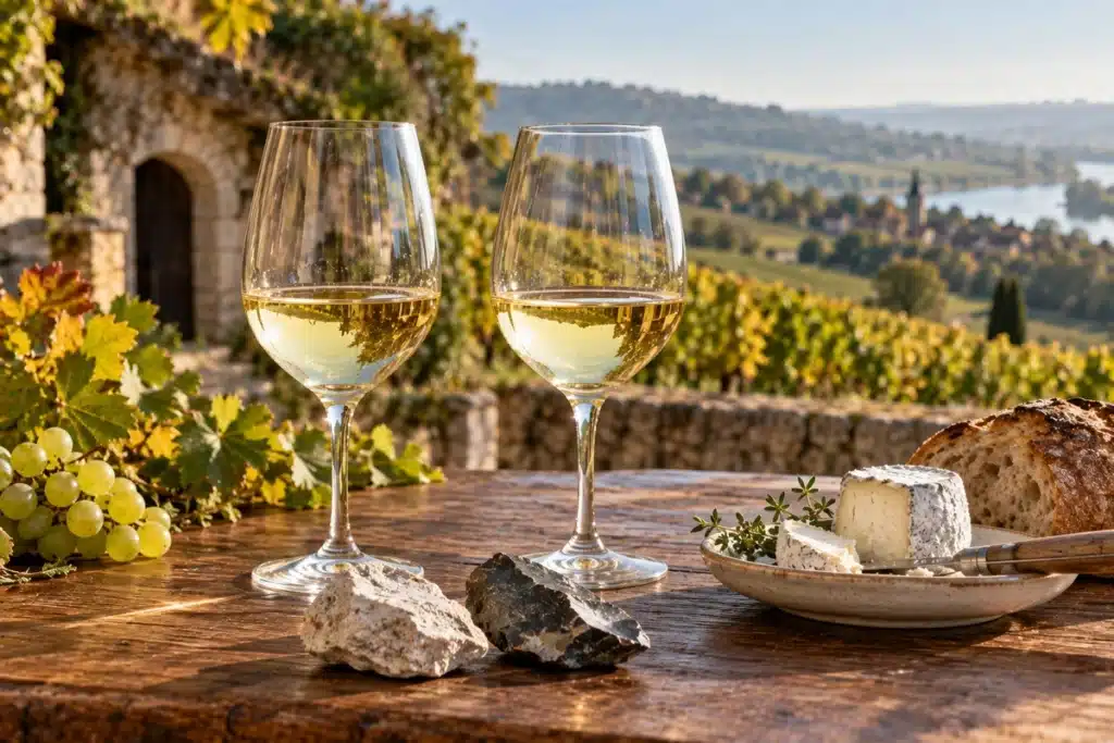 Zwei Gläser Sauvignon Blanc auf einem Holztisch mit Feuerstein, Kalksteinen und französischem Ziegenkäse vor einer Weinberglandschaft an der Loire. ( KI, Symbolbild )